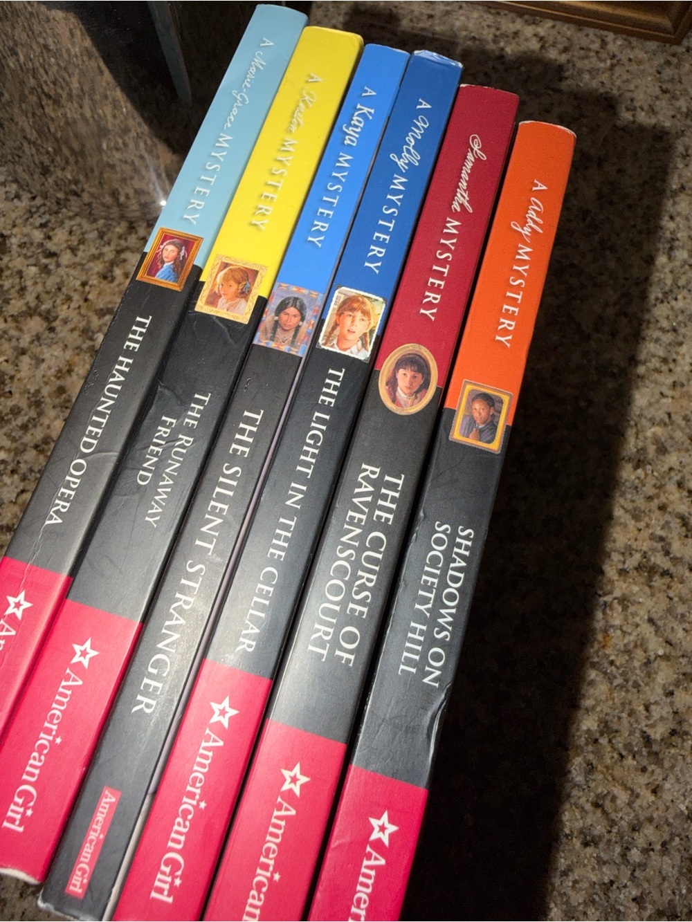 American Girl Mystery Paperback Set with Red, Blue, Yellow, Orange, Pink Spines